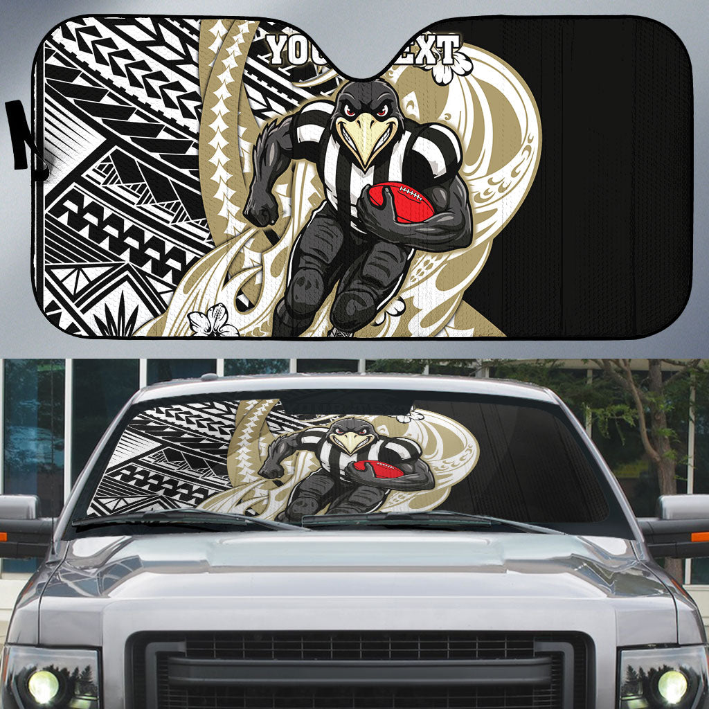 Personalized Collingwood Magpies Auto Sun Shade Polynesian Tribal Magpie Mascot With Hibiscus Floral Art