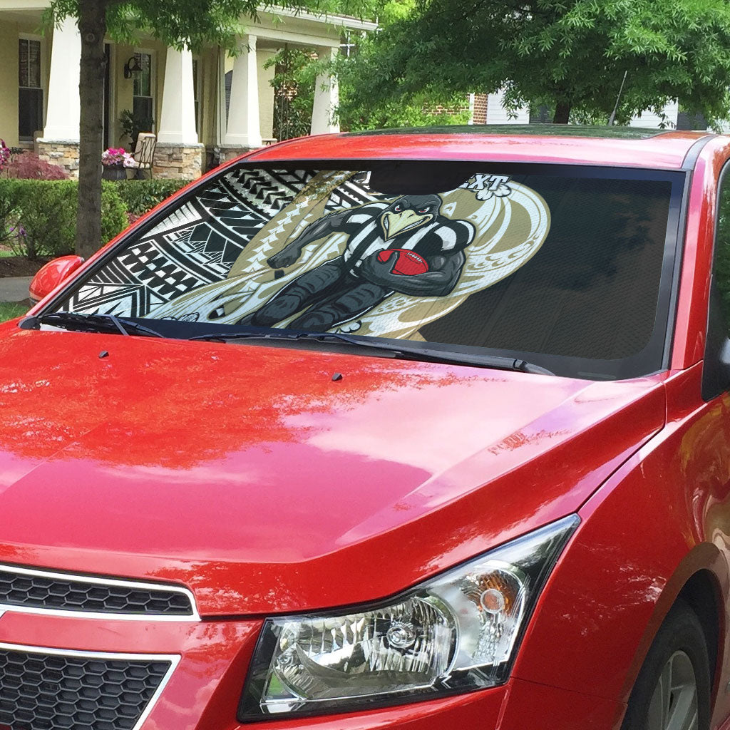 Personalized Collingwood Magpies Auto Sun Shade Polynesian Tribal Magpie Mascot With Hibiscus Floral Art