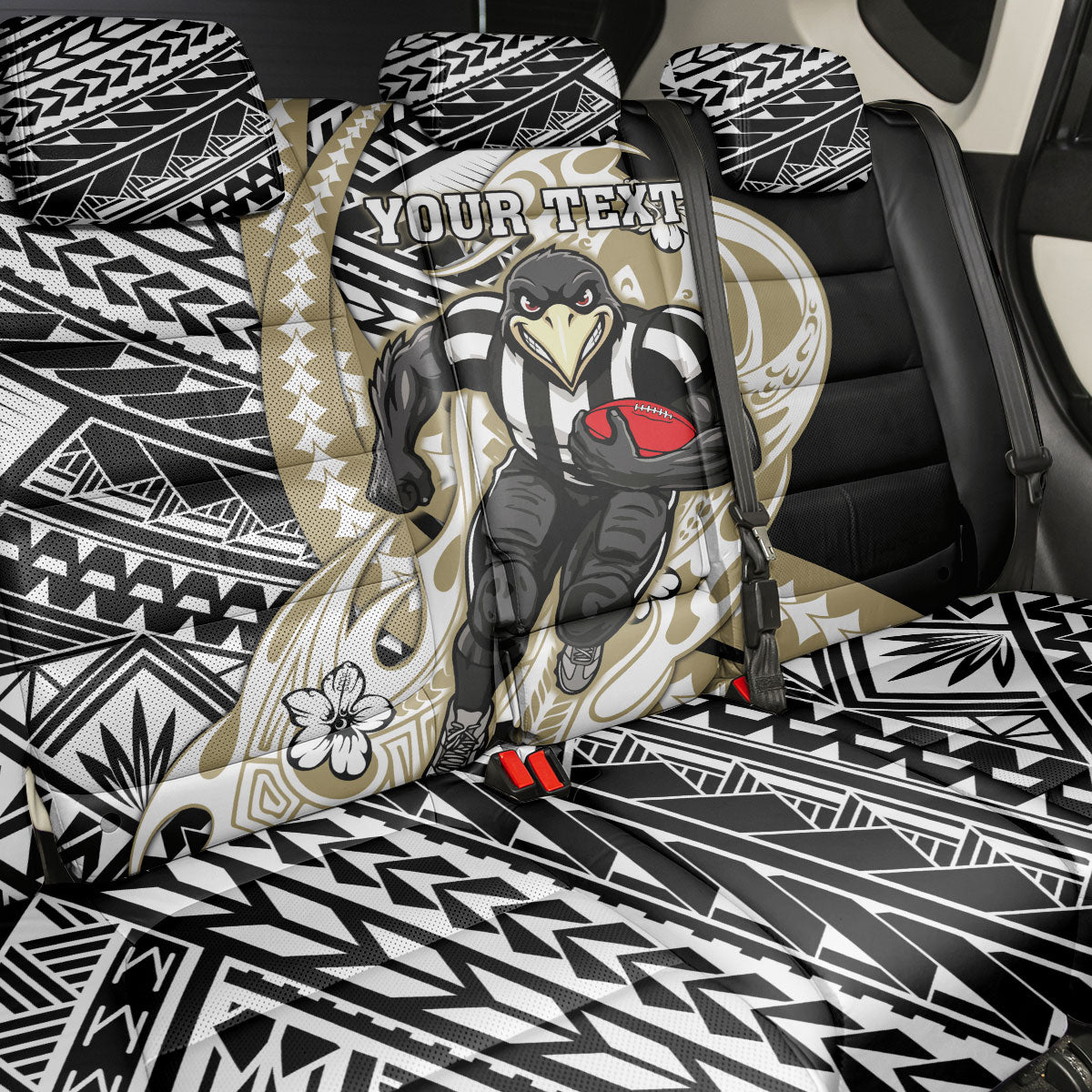 Personalized Collingwood Magpies Back Car Seat Cover Polynesian Tribal Magpie Mascot With Hibiscus Floral Art