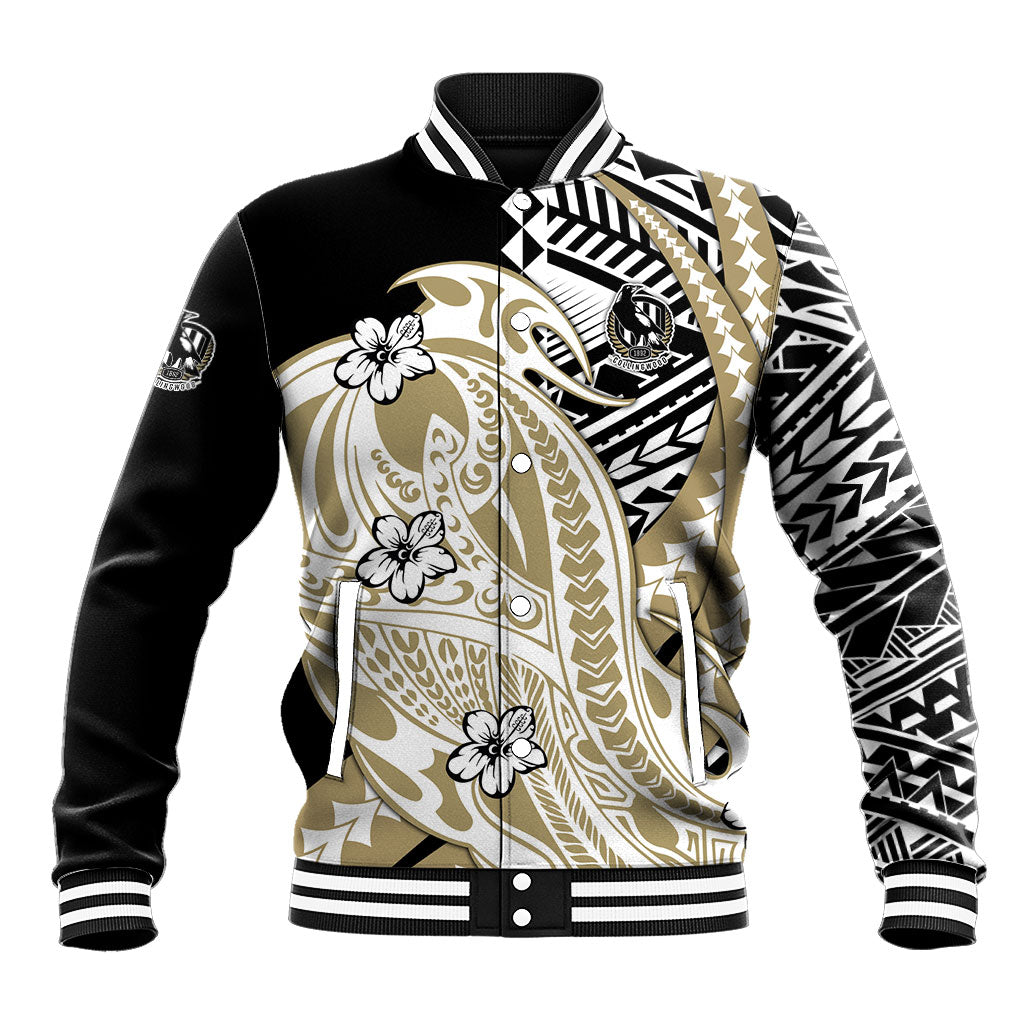 Personalized Collingwood Magpies Baseball Jacket Polynesian Tribal Magpie Mascot With Hibiscus Floral Art