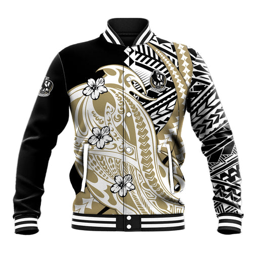 Personalized Collingwood Magpies Baseball Jacket Polynesian Tribal Magpie Mascot With Hibiscus Floral Art