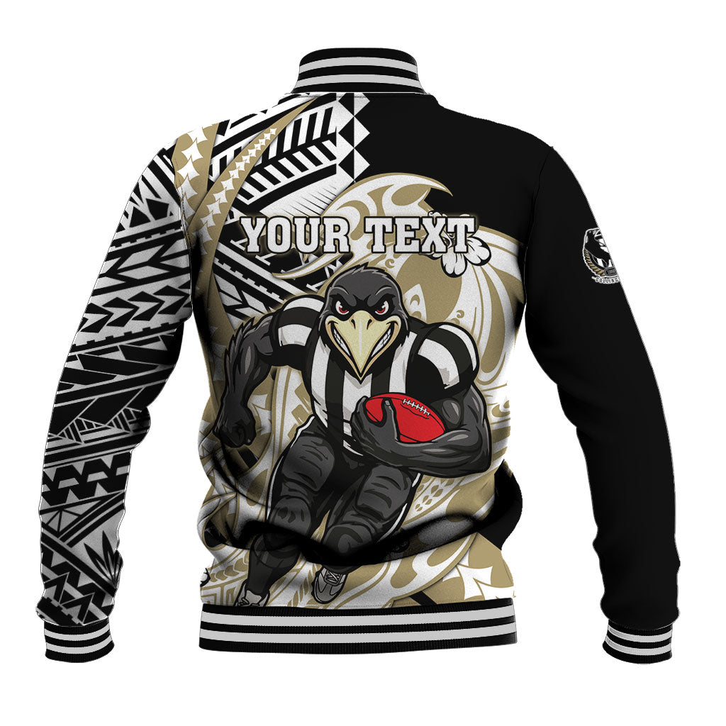 Personalized Collingwood Magpies Baseball Jacket Polynesian Tribal Magpie Mascot With Hibiscus Floral Art