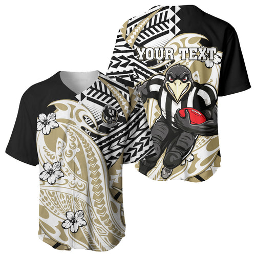 Personalized Collingwood Magpies Baseball Jersey Polynesian Tribal Magpie Mascot With Hibiscus Floral Art