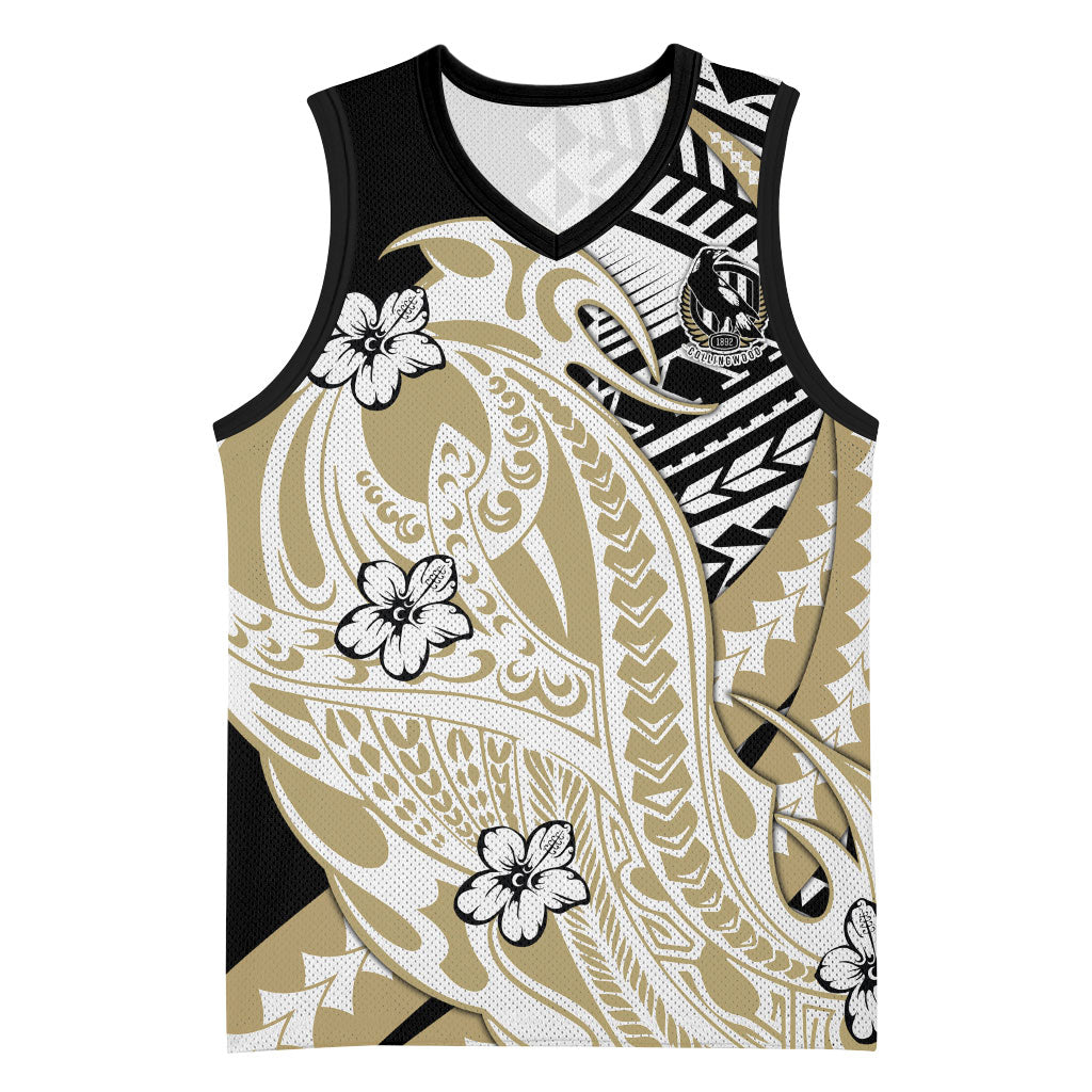 Personalized Collingwood Magpies Basketball Jersey Polynesian Tribal Magpie Mascot With Hibiscus Floral Art
