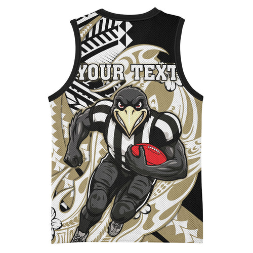Personalized Collingwood Magpies Basketball Jersey Polynesian Tribal Magpie Mascot With Hibiscus Floral Art