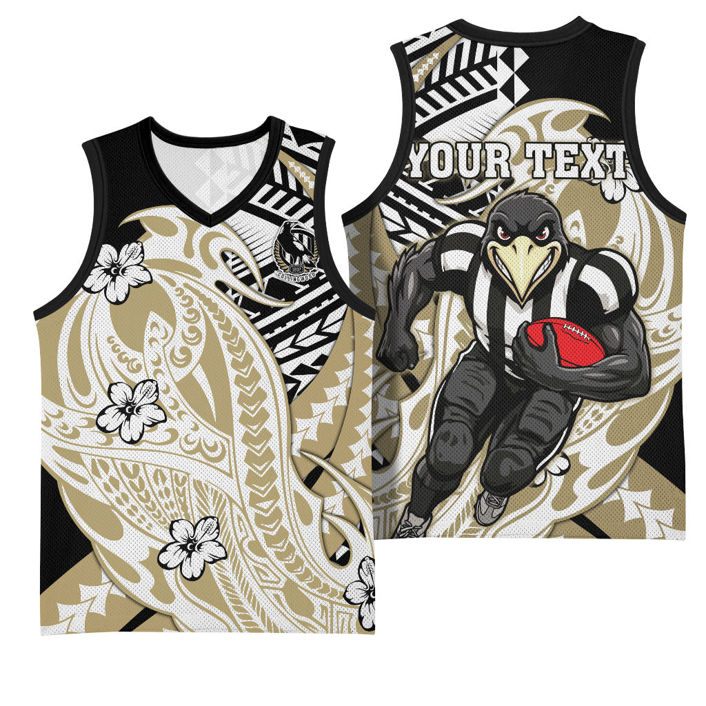 Personalized Collingwood Magpies Basketball Jersey Polynesian Tribal Magpie Mascot With Hibiscus Floral Art
