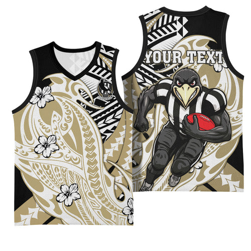 Personalized Collingwood Magpies Basketball Jersey Polynesian Tribal Magpie Mascot With Hibiscus Floral Art