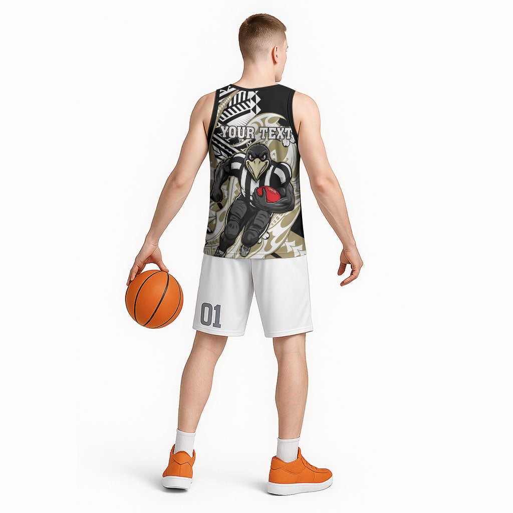 Personalized Collingwood Magpies Basketball Jersey Polynesian Tribal Magpie Mascot With Hibiscus Floral Art