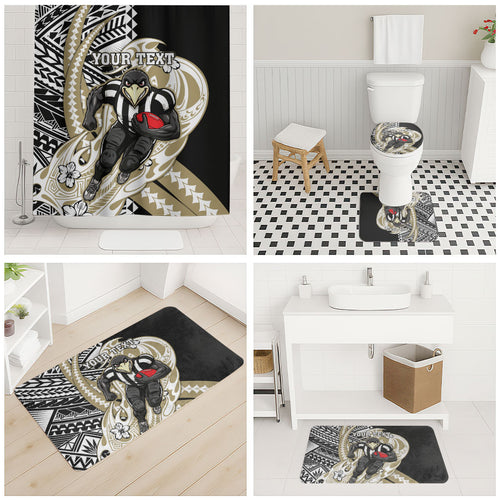 Personalized Collingwood Magpies Bathroom Set Polynesian Tribal Magpie Mascot With Hibiscus Floral Art