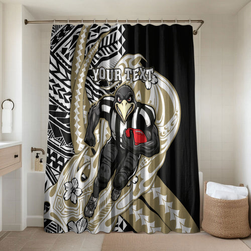 Personalized Collingwood Magpies Bathroom Set Polynesian Tribal Magpie Mascot With Hibiscus Floral Art