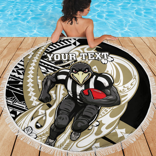 Personalized Collingwood Magpies Beach Blanket Polynesian Tribal Magpie Mascot With Hibiscus Floral Art