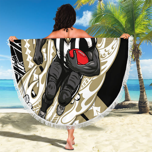 Personalized Collingwood Magpies Beach Blanket Polynesian Tribal Magpie Mascot With Hibiscus Floral Art