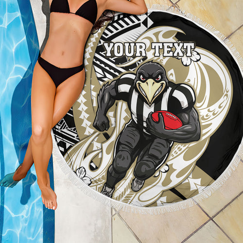 Personalized Collingwood Magpies Beach Blanket Polynesian Tribal Magpie Mascot With Hibiscus Floral Art