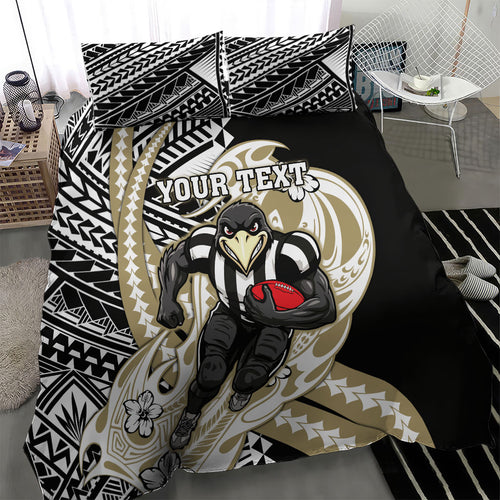 Personalized Collingwood Magpies Bedding Set Polynesian Tribal Magpie Mascot With Hibiscus Floral Art