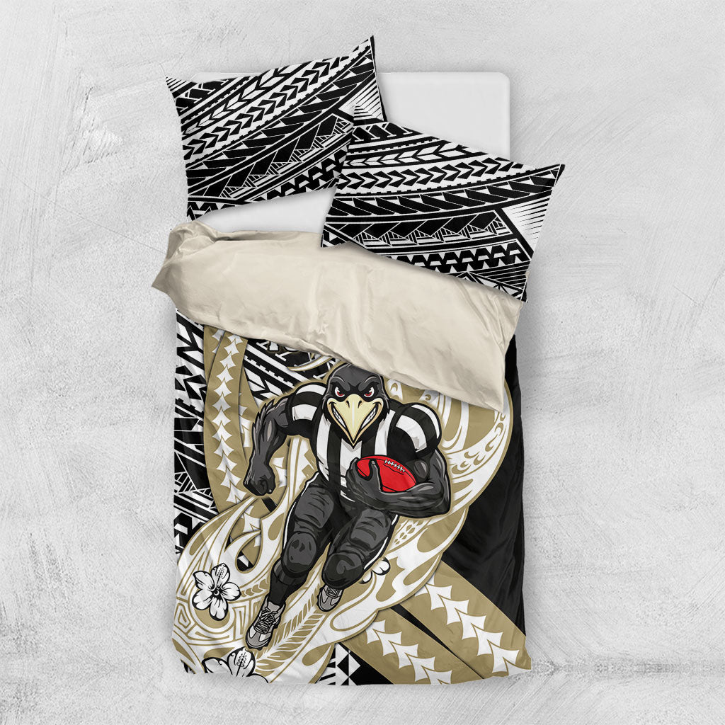 Personalized Collingwood Magpies Bedding Set Polynesian Tribal Magpie Mascot With Hibiscus Floral Art