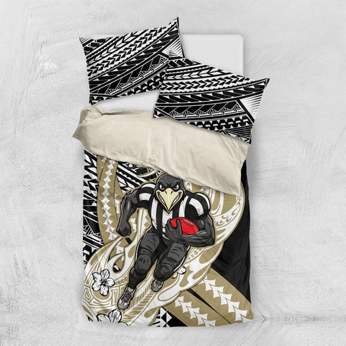 Personalized Collingwood Magpies Bedding Set Polynesian Tribal Magpie Mascot With Hibiscus Floral Art