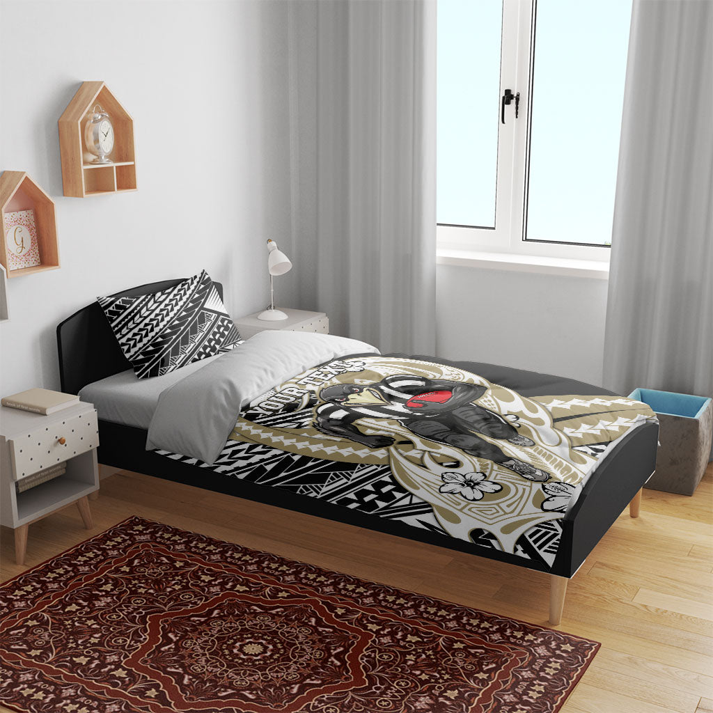 Personalized Collingwood Magpies Bedding Set Polynesian Tribal Magpie Mascot With Hibiscus Floral Art