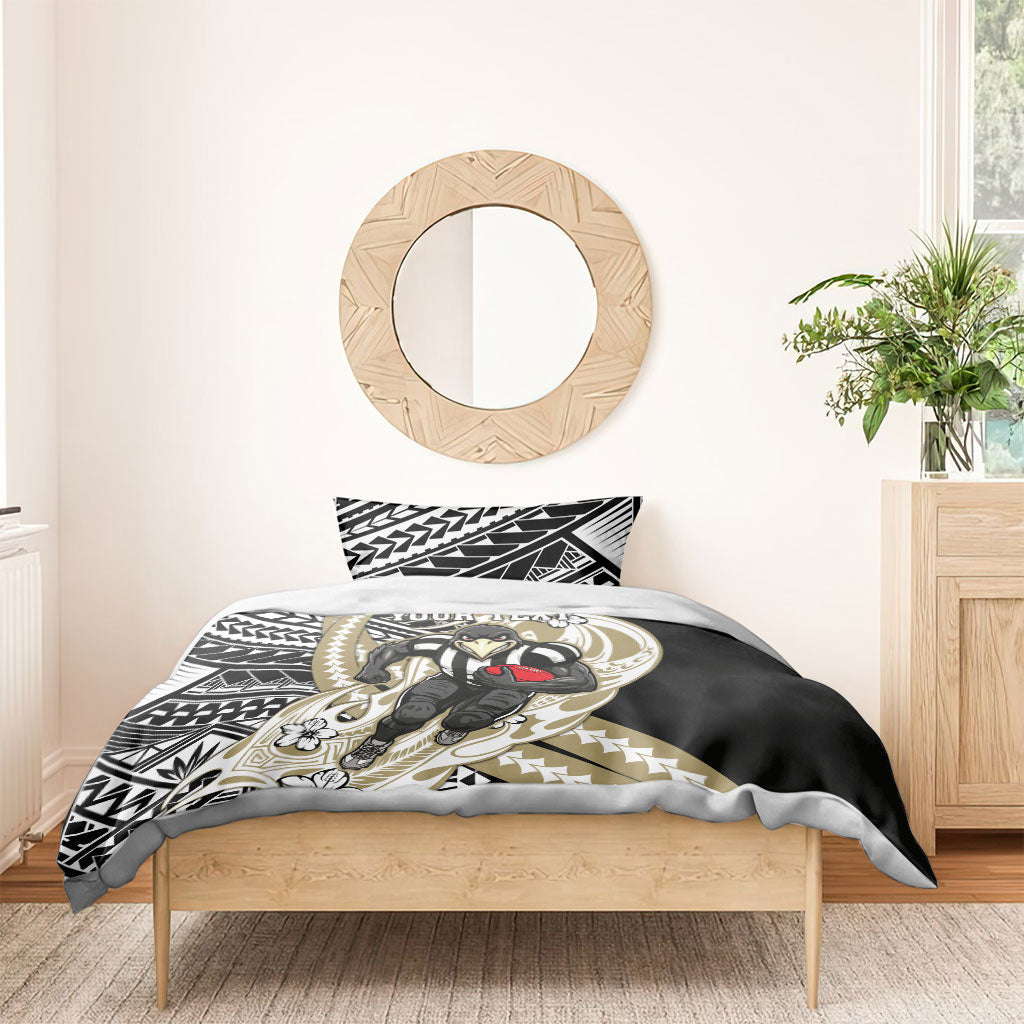 Personalized Collingwood Magpies Bedding Set Polynesian Tribal Magpie Mascot With Hibiscus Floral Art