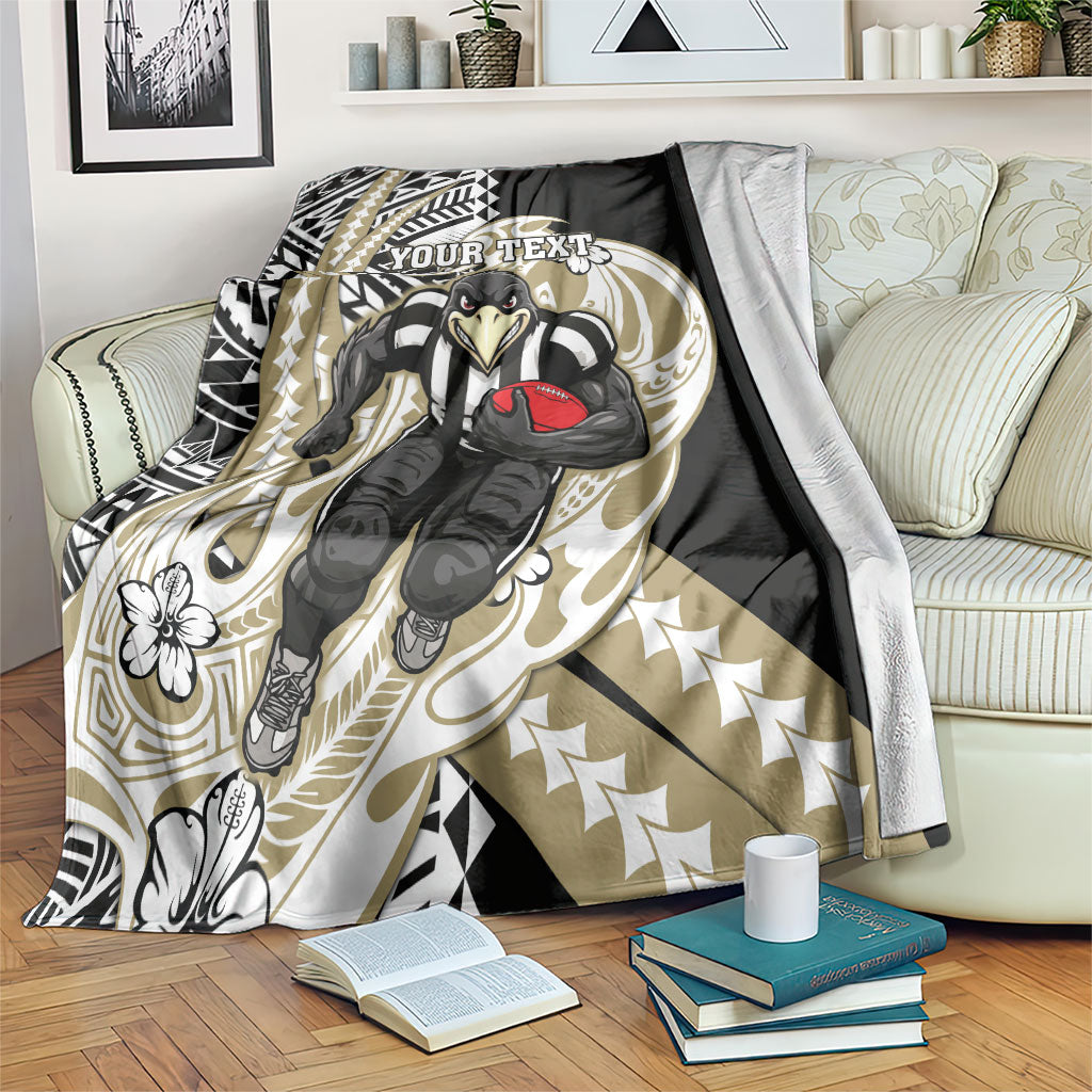 Personalized Collingwood Magpies Blanket Polynesian Tribal Magpie Mascot With Hibiscus Floral Art