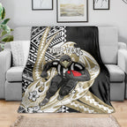 Personalized Collingwood Magpies Blanket Polynesian Tribal Magpie Mascot With Hibiscus Floral Art