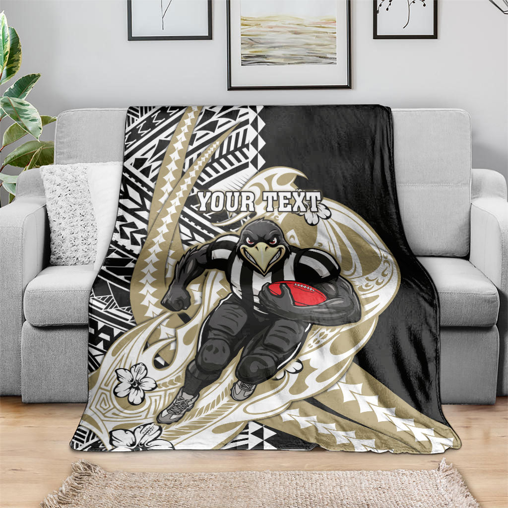 Personalized Collingwood Magpies Blanket Polynesian Tribal Magpie Mascot With Hibiscus Floral Art