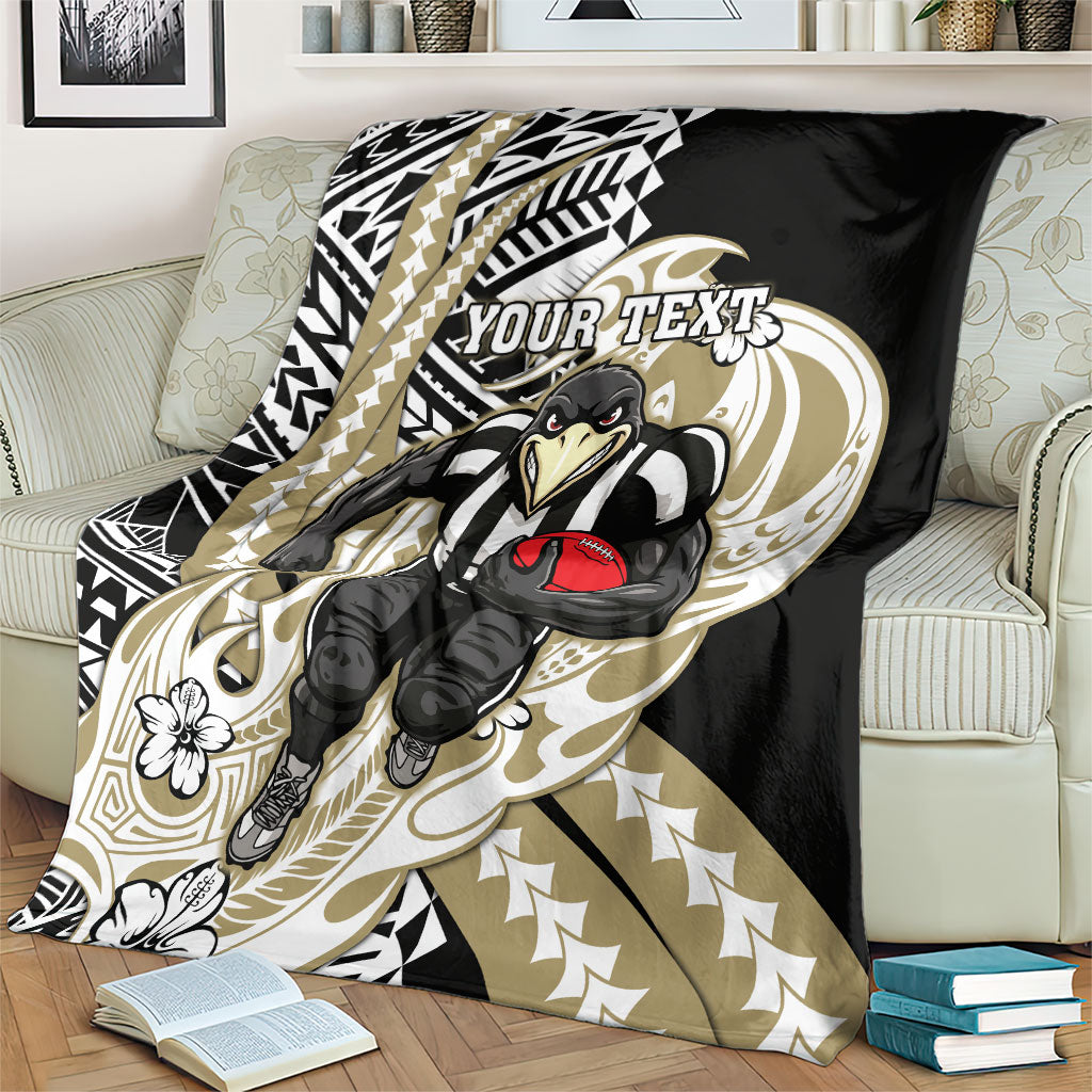 Personalized Collingwood Magpies Blanket Polynesian Tribal Magpie Mascot With Hibiscus Floral Art