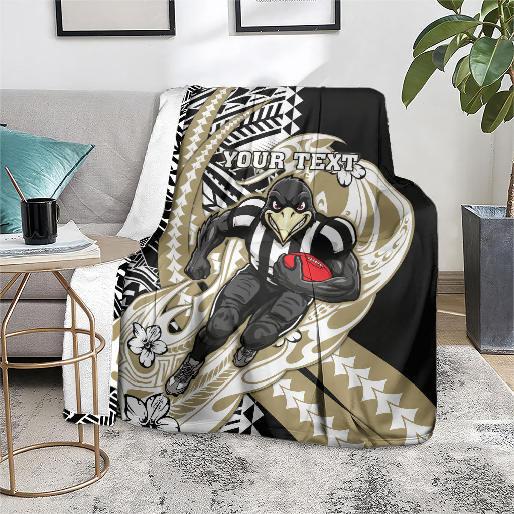 Personalized Collingwood Magpies Blanket Polynesian Tribal Magpie Mascot With Hibiscus Floral Art