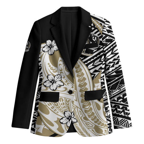 Personalized Collingwood Magpies Blazer Polynesian Tribal Magpie Mascot With Hibiscus Floral Art