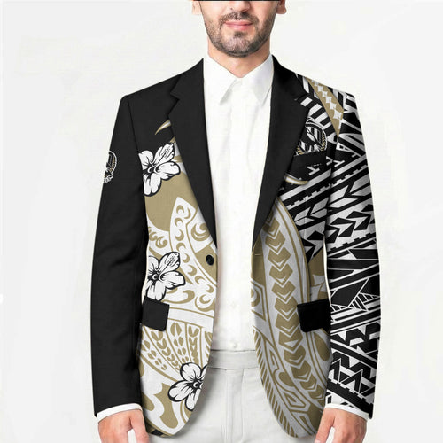 Personalized Collingwood Magpies Blazer Polynesian Tribal Magpie Mascot With Hibiscus Floral Art