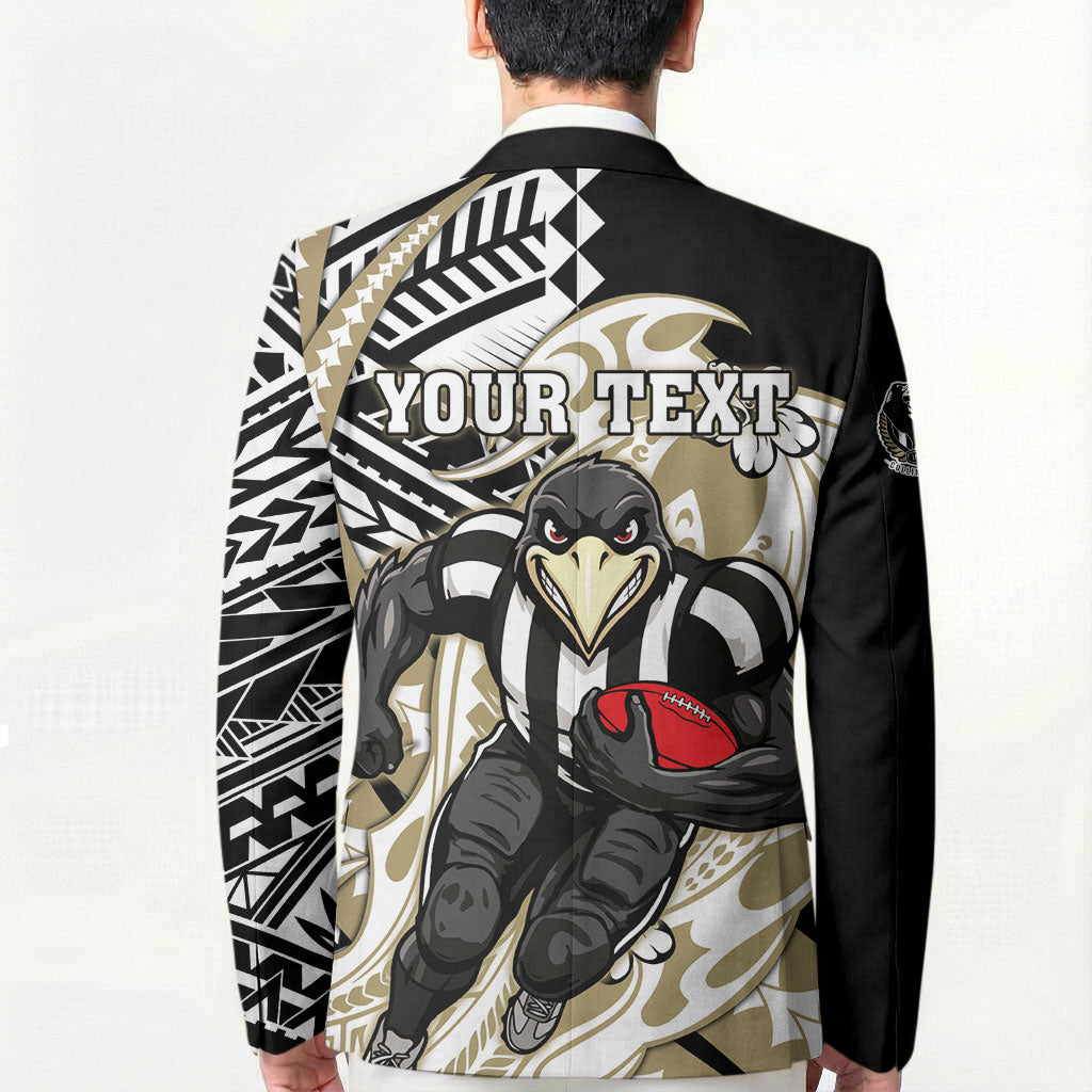 Personalized Collingwood Magpies Blazer Polynesian Tribal Magpie Mascot With Hibiscus Floral Art