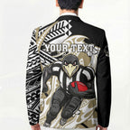 Personalized Collingwood Magpies Blazer Polynesian Tribal Magpie Mascot With Hibiscus Floral Art