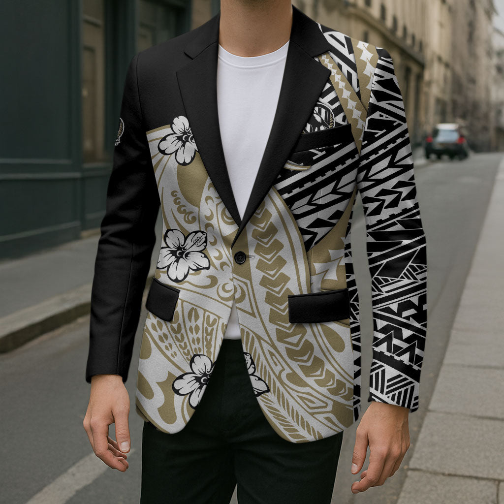 Personalized Collingwood Magpies Blazer Polynesian Tribal Magpie Mascot With Hibiscus Floral Art