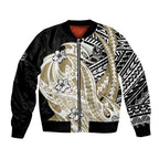 Personalized Collingwood Magpies Bomber Jacket Polynesian Tribal Magpie Mascot With Hibiscus Floral Art