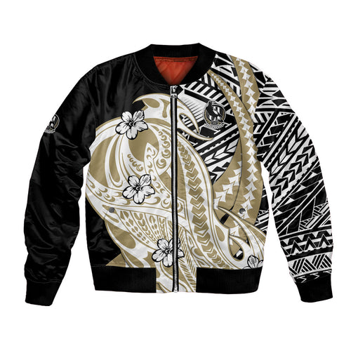 Personalized Collingwood Magpies Bomber Jacket Polynesian Tribal Magpie Mascot With Hibiscus Floral Art