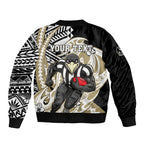 Personalized Collingwood Magpies Bomber Jacket Polynesian Tribal Magpie Mascot With Hibiscus Floral Art
