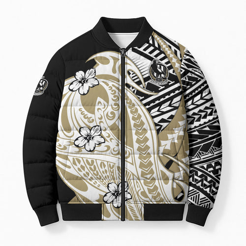 Personalized Collingwood Magpies Bomber Puffer Jacket Polynesian Tribal Magpie Mascot With Hibiscus Floral Art