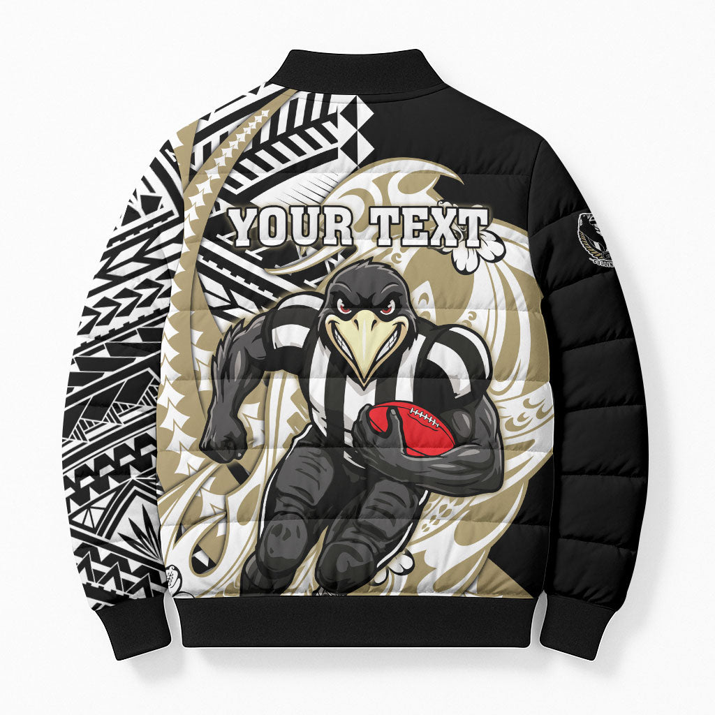 Personalized Collingwood Magpies Bomber Puffer Jacket Polynesian Tribal Magpie Mascot With Hibiscus Floral Art