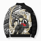 Personalized Collingwood Magpies Bomber Puffer Jacket Polynesian Tribal Magpie Mascot With Hibiscus Floral Art