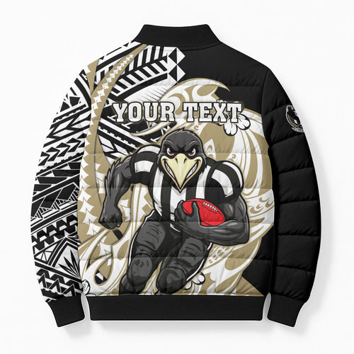 Personalized Collingwood Magpies Bomber Puffer Jacket Polynesian Tribal Magpie Mascot With Hibiscus Floral Art