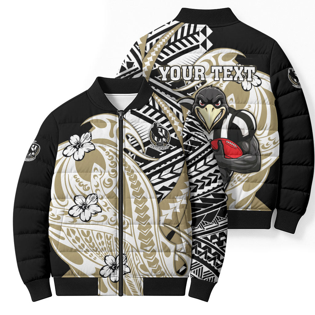 Personalized Collingwood Magpies Bomber Puffer Jacket Polynesian Tribal Magpie Mascot With Hibiscus Floral Art