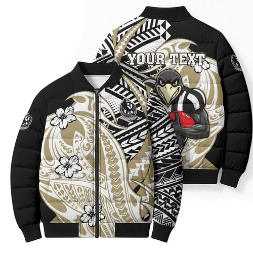 Personalized Collingwood Magpies Bomber Puffer Jacket Polynesian Tribal Magpie Mascot With Hibiscus Floral Art