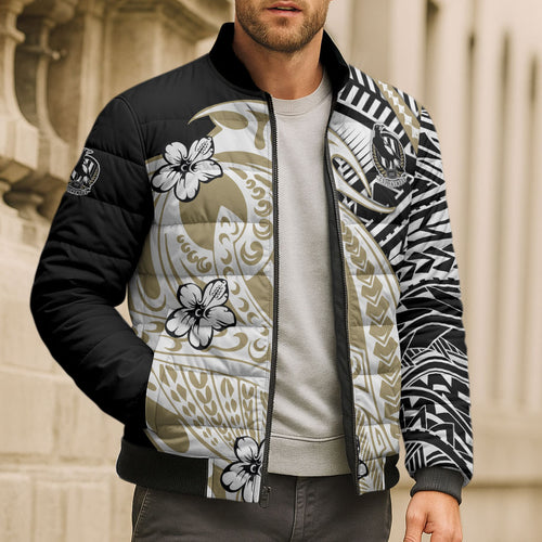 Personalized Collingwood Magpies Bomber Puffer Jacket Polynesian Tribal Magpie Mascot With Hibiscus Floral Art