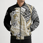 Personalized Collingwood Magpies Bomber Puffer Jacket Polynesian Tribal Magpie Mascot With Hibiscus Floral Art