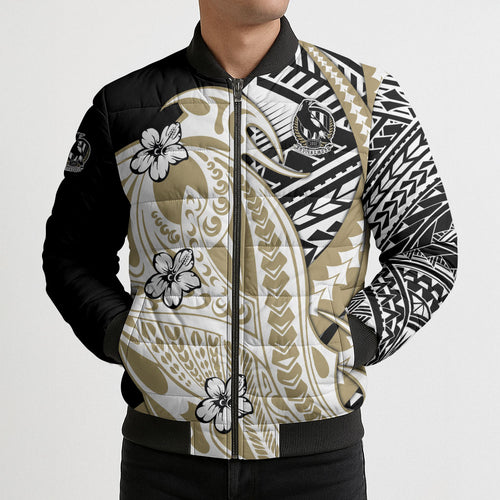 Personalized Collingwood Magpies Bomber Puffer Jacket Polynesian Tribal Magpie Mascot With Hibiscus Floral Art