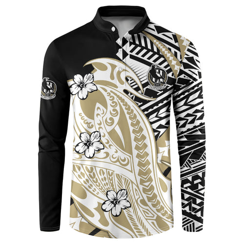 Personalized Collingwood Magpies Button Sweatshirt Polynesian Tribal Magpie Mascot With Hibiscus Floral Art