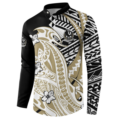 Personalized Collingwood Magpies Button Sweatshirt Polynesian Tribal Magpie Mascot With Hibiscus Floral Art