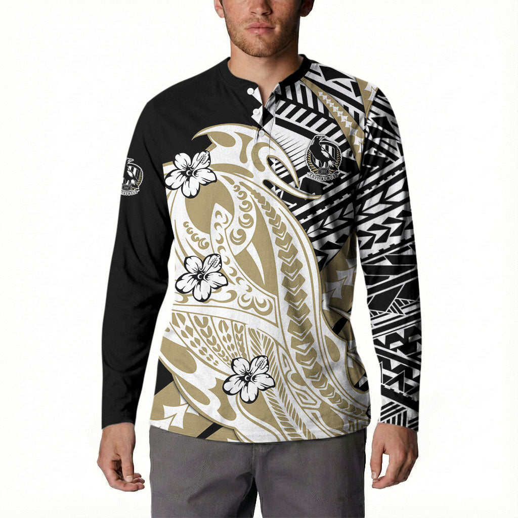 Personalized Collingwood Magpies Button Sweatshirt Polynesian Tribal Magpie Mascot With Hibiscus Floral Art