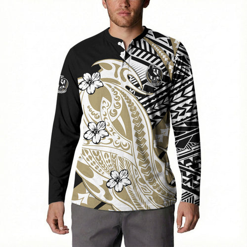 Personalized Collingwood Magpies Button Sweatshirt Polynesian Tribal Magpie Mascot With Hibiscus Floral Art