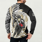 Personalized Collingwood Magpies Button Sweatshirt Polynesian Tribal Magpie Mascot With Hibiscus Floral Art