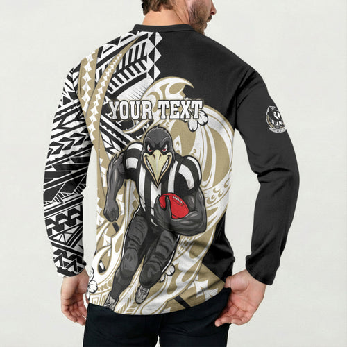 Personalized Collingwood Magpies Button Sweatshirt Polynesian Tribal Magpie Mascot With Hibiscus Floral Art